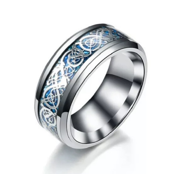 Dragon Tribal Silver Design With Blue Background Silver Band And Beveled Edge - Picture 1 of 5
